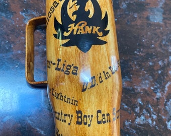 Hank Jr song cup, Hank Williams, wood grain, country music tumbler