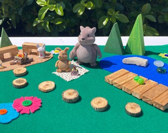 Felt woodland play mat, Squirrel and bunny picnic play set, felt playscape, Waldorf inspired small world, forest play kit, child gift