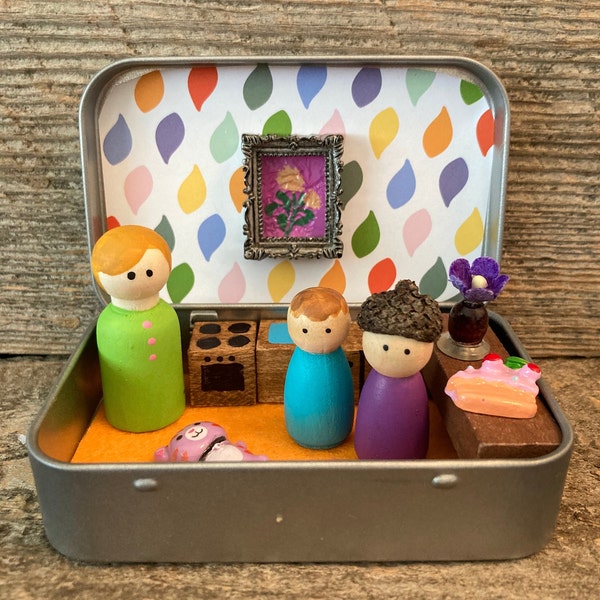 Altoid tin play set, peg doll house theme, quiet play, miniature adventure set, dollhouse kitchen, quiet travel play, child gift