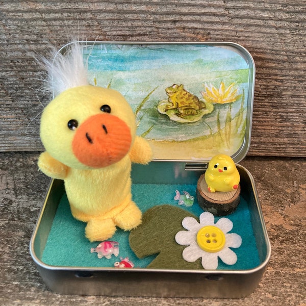 Altoid tin plush duck play set, outdoor garden pond theme, quiet play, miniature set, farm scene, woodland gift, pocket pal pet