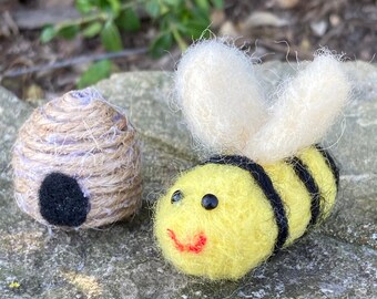 Needle felted honey bumble bee with tiny bee hive, bee lover, tiered tray bee, miniature bee and hive, dollhouse bee