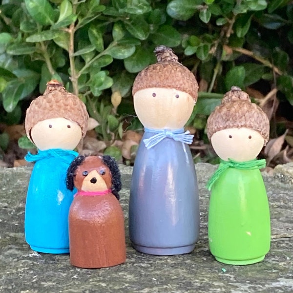 Wooden peg dolls, family of miniature dolls, acorn cap hats, waldorf style dolls, acorn peg dolls