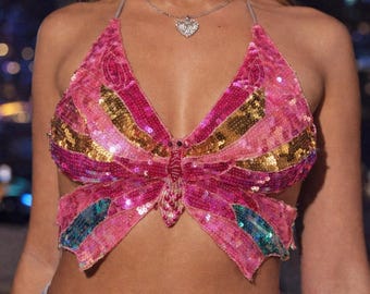 Top rosa con lentejuelas y mariposas estilo Y2K, top para festivales, top corto estilo hada coqueta, atuendo para vacaciones, atuendo para cumpleaños en Miami, top para fiestas rave.