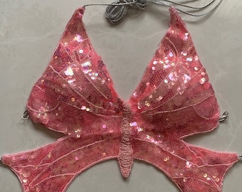 Top corto con lentejuelas y mariposas rosas Y2K - Halter de hada, lazo en la espalda