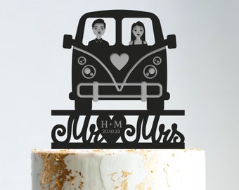 vintage bus rétro wedding cake topper, destination wedding camper topper, hippie wedding cake topper, aventure attend cake topper mariage, b316