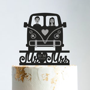 Vintage bus retro wedding cake topper,destination wedding camper topper,hippie wedding cake topper,adventure awaits cake topper wedding,b316