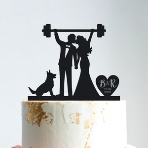 Weightlifting cake topper wedding with dog,bodybuilder fitness gym wedding workout Mr and Mrs dog cake topper,wedding topper with dog,B303