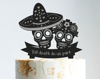 Suiker schedel bruiloft topper, tot de dood ons scheidt taart topper bruiloft, aangepaste schedel bruiloft topper, halloween schedel taart topper bruiloft schedel, b175