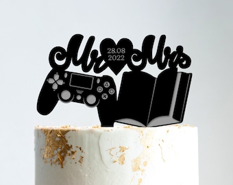 Videogameboek cake topper, videogame cake topper bruiloft, cake topper game boek, boek thema bruidstaart topper gaming, game cake topper, B52