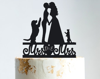 Lesbian cake topper with cat and dog,lesbian couple bride and bride cake topper with dog,lesbian cake topper with a dog and short hair,B25