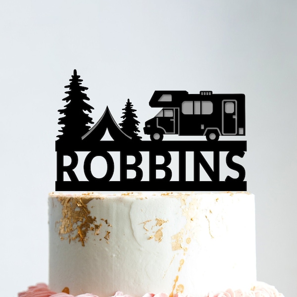 Camper wedding tent cake topper,custom outdoor wedding bride and groom camper van cake topper,mountain adventure camping cake topper,b184