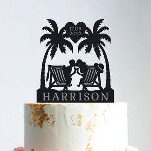 Tropical wedding cake topper,palm tree hawaii wedding cake topper,beach wedding cake topper,travel cake topper for beach wedding,B117