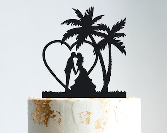 Tropical wedding cake topper,beach wedding cake topper,beach bride and groom cake topper wedding,custom palm tree wedding cake topper,B110