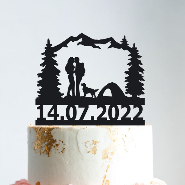 Camping hiking wedding tent cake topper with dog,mountain couple outdoor dog cake topper,mountain adventure engagement retriever topper,b136