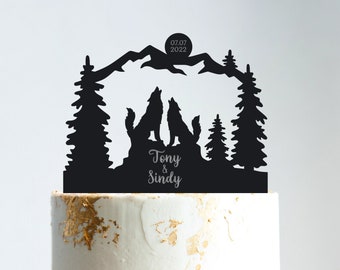 Wolf wedding mountain cake topper,wolf outdoor cake topper,wolf couple in love mountain wedding cake topper,wolf lover topper wedding,b132