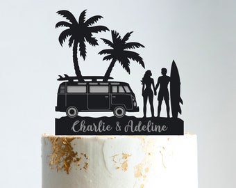 Beach wedding surfing cake topper,tropical wedding cake topper,palm tree hawaii wedding surf cake topper,surfer wedding cake topper,B113