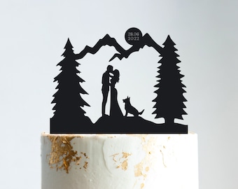 Mountain wedding cake topper with dog,outdoor wedding cake topper dog,forest wedding dog cake topper,forest german shepherd cake topper,b122