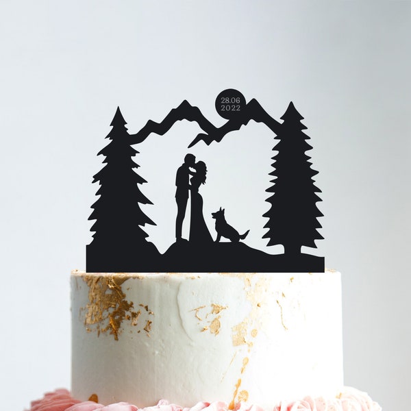 Mountain wedding cake topper with dog,outdoor wedding cake topper dog,forest wedding dog cake topper,forest german shepherd cake topper,b122