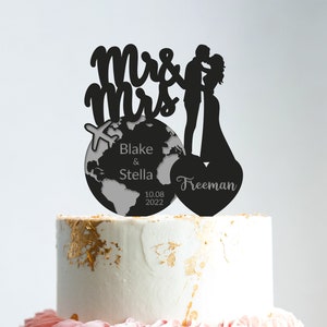 Travel wedding cake topper,romantic airplane cake topper,travel the world map cake topper,destination wedding travel cake topper mr mrs,B126