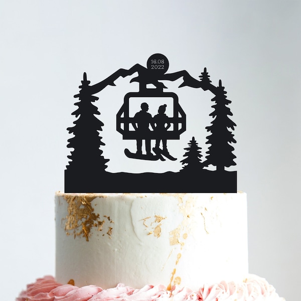 Mountain snowboard cake topper,snowboard ski wedding cake topper,snowboarding couple cake topper,bride and groom ski lift chair topper,b148