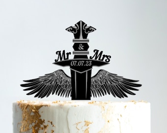 Sword wedding cake topper, Medieval sword Mr Mrs topper, Custom viking cake topper, Wedding sword cake topper, Sword topper with wings,b413