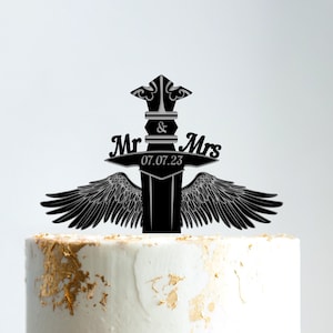 Sword wedding cake topper, Medieval sword Mr Mrs topper, Custom viking cake topper, Wedding sword cake topper, Sword topper with wings,b413