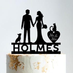 French bulldog wedding cake topper, Cat wedding cake topper, Mr and Mrs cake topper with dog and cat, Bride and groom topper with pet, B57