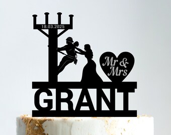 Electrician wedding cake topper, Custom lineman wedding topper, Mr and Mrs electrician wedding cake topper, Power electrician topper, b456