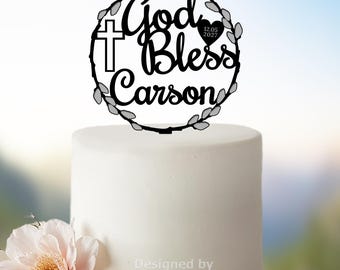 Baptism Cake Topper, God Bless Cake Topper, Personalized Christening Cake Topper with Date, Acrylic Cake Topper, Communion Cake Topper, B473