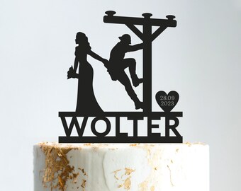 Lineman wedding cake topper with date,Electrician lineman wedding topper personalized,Electrician wedding cake topper custom,b363