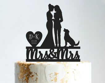 Lesbian wedding cake topper cat and dog,two brides cake topper,mrs and mrs cake topper with golden retriever,lgbt wedding cake topper,B372