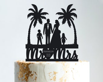 Beach wedding Mr and Mrs cake topper with children,beach topper wedding with boy and girl,family with child tropical wedding topper,B118
