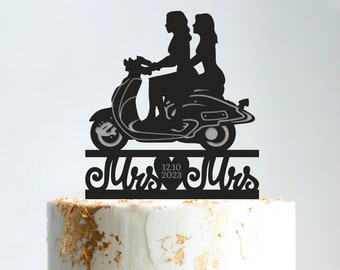 Mrs and mrs wedding cake topper on scooter,Two brides scooter cake topper,Lesbian cake topper custom,lgbt wedding cake topper,B374