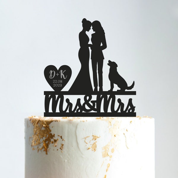 Lesbian wedding cake topper cat and dog,two brides cake topper,mrs and mrs cake topper with golden retriever,lgbt wedding cake topper,B372