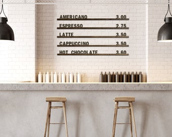 Tableau de menu, rails de menu interchangeables, tableau de menu mural, tableau en bois aux lettres, menu mural, présentoir de menu de café avec lettres et rails, 5H6