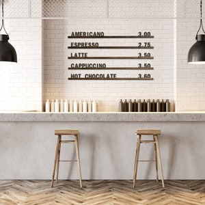 Tablero de menú, rieles de menú intercambiables, tablero de menú montado en la pared, tablero de letras de madera, menú de pared, exhibición de menú de cafetería con letras y rieles, 5H6