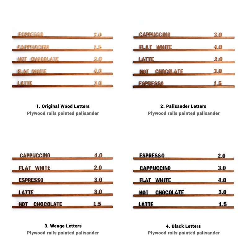 May include: Four different styles of wooden coffee menu signs with prices listed for cappuccino, flat white, espresso, latte, and hot chocolate. The signs are made of plywood and have different colored letters.