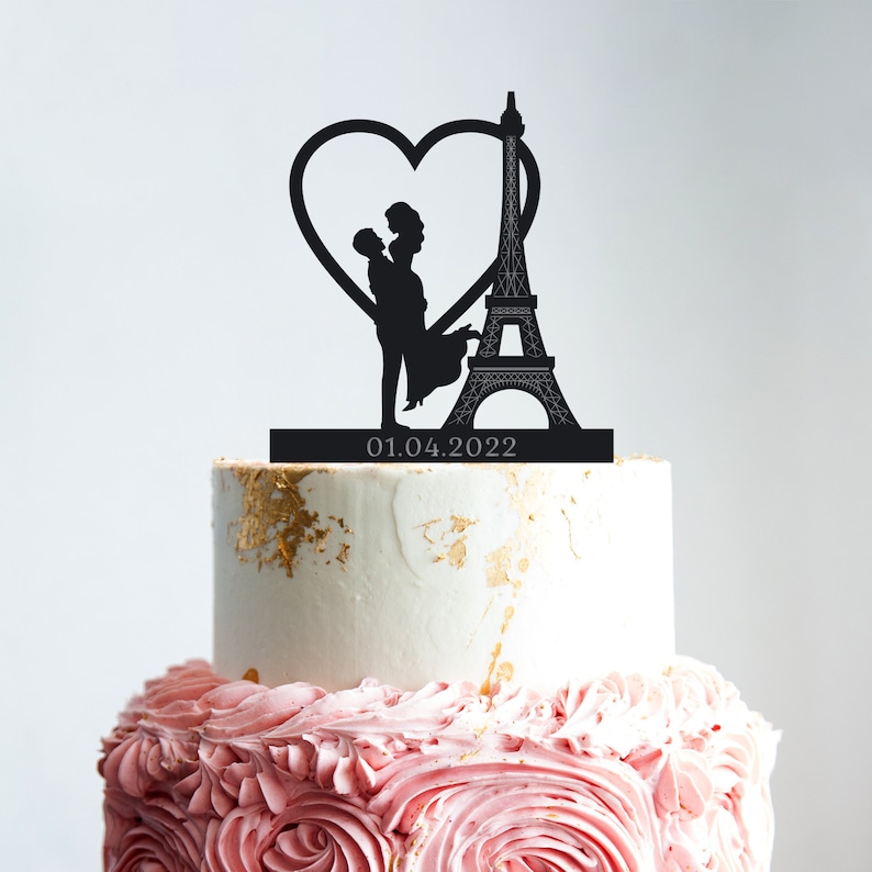 Eiffel tower cake topper,Paris eiffel tower wedding couple cake topper travel,paris theme wedding cake topper,frenchie wedding topper,b100 zdjęcie 1