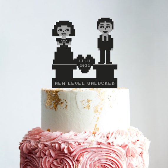 ビデオゲームの花嫁と花婿のケーキトッパー オタクの結婚式、ゲーマー
