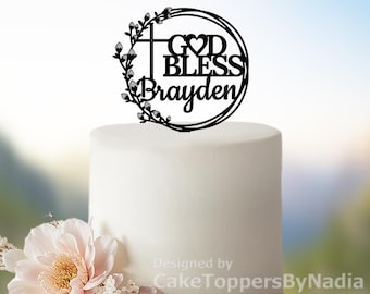 Baptism Cake Topper, God Bless Cake Topper, Custom Christening Cake Topper with Name, Acrylic Cake Topper, Communion Cake Topper, B470