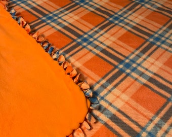 Coral and Blue Plaid XL HandTied Fleece Throw Blanket