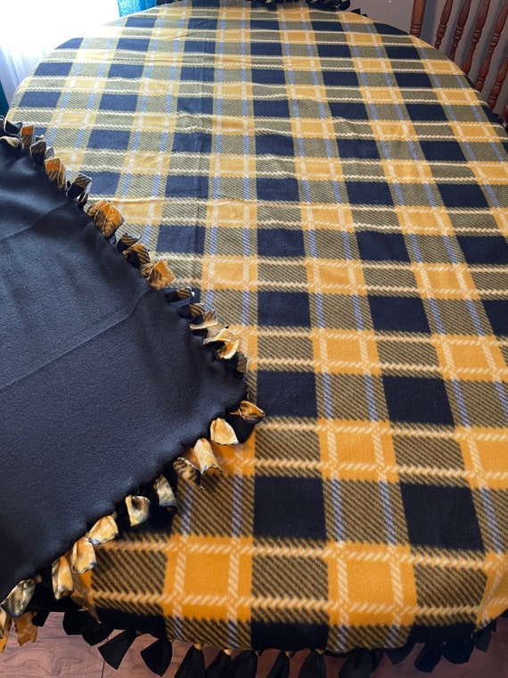 Yellow Black Plaid Handtied Fleece Throw Blanket Etsy