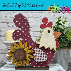 May include: A decorative wooden rooster cutout featuring a deep maroon body with white dot patterns, a cream-coloured head, a red comb, and a yellow sunflower accent. A small wing section displays a red and white checkered pattern.