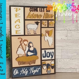 May include: A digital craft design featuring a Christmas nativity scene with the words "Peace", "Come Let Us Adore Him", "Joy", and "Oh Holy Night".