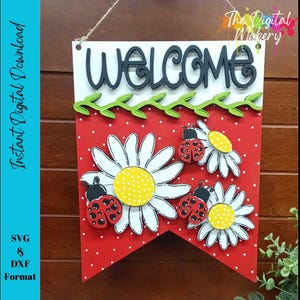 Cartello di benvenuto a coccinella in formato SVG / Cartello decorativo a forma di coccinella / Cartello estivo in stile fattoria / Cartello a forma di margherita in formato SVG