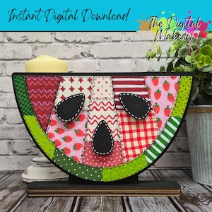 May include: A watermelon-shaped candle holder with a patchwork design. The holder features a variety of patterns, including strawberries, stripes, and polka dots, with black seed accents. The text "Instant Digital Download" is at the top.