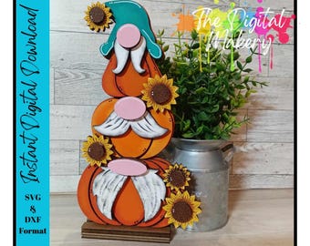 Gnome Pumpkin Stack Laser Cut File | Pumpkin Gnomes | Fall Gnome Decor | Fall Pumpkins | Gnomes and Sunflowers | Digital Download