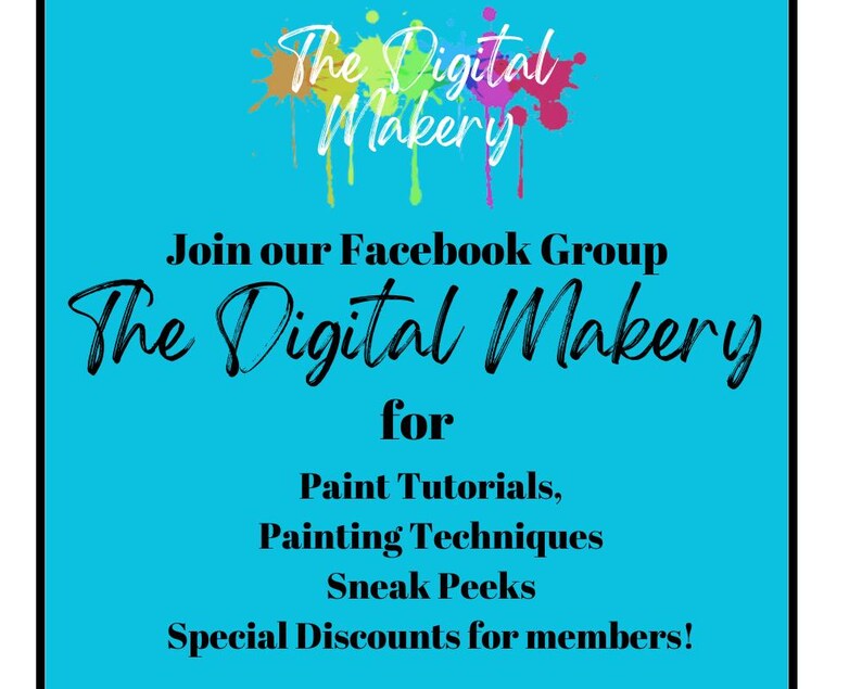 May include: A bright cyan digital graphic featuring the text The Digital Makery in a white script font above a colourful paint splatter design. Below, black text reads Join our Facebook Group The Digital Makery for Paint Tutorials, Painting Techniques, Sneak Peeks, Special Discounts for members!
