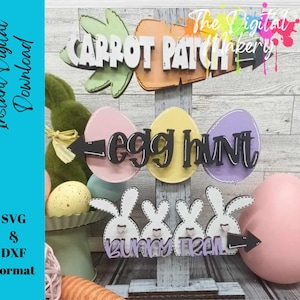 May include: A set of wooden signs for an Easter egg hunt. The signs are painted in pastel colors and feature the words "Carrot Patch", "Egg Hunt", and "Bunny Trail".