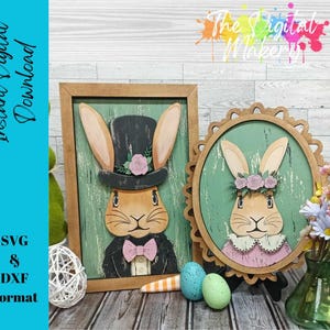 vintage paire de lapins de Pâques SVG | Lime laser à ressort Cottagecore | Lapin de Pâques SVG | Fichier de décoration de printemps bricolage